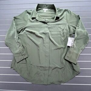 Nine West Womens Plus 0X‎ Olive Green Button Down Shirt Long Sleeve Pocket